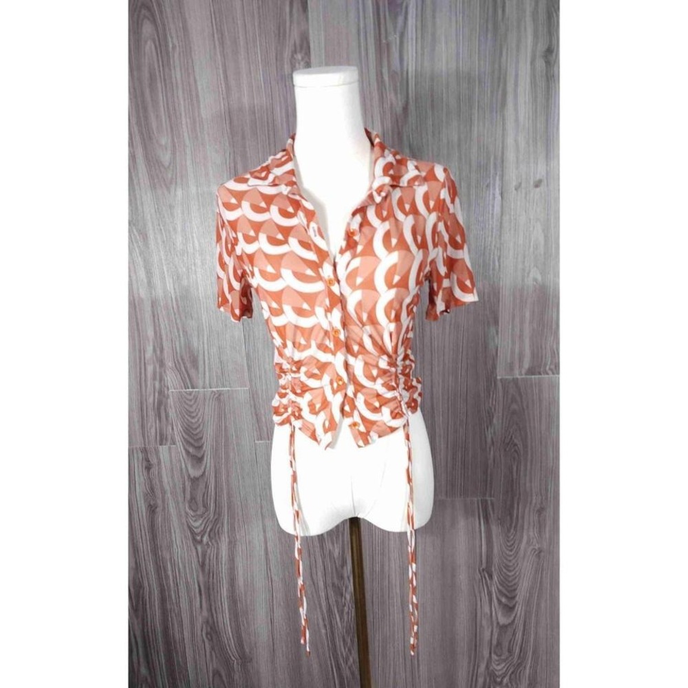 Sweet Rain Orange Geometric Ruched Side Tie Button Front Top XS‎ Young Contemp